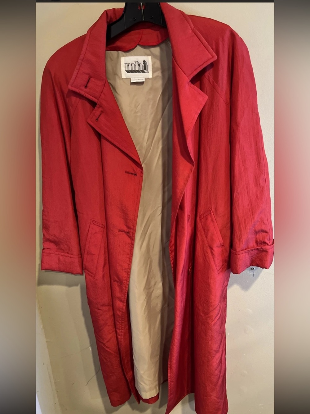 MHI Red Long Trench Coat with Notch Lapel